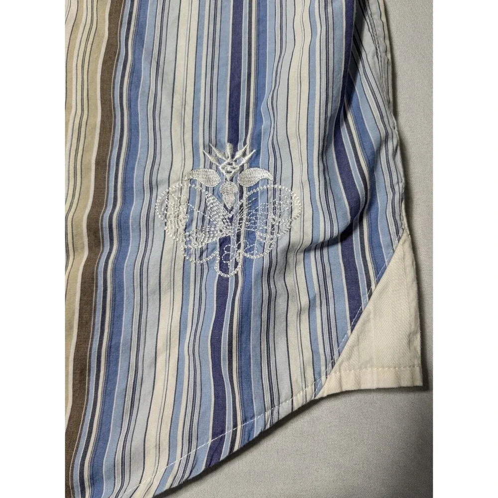 GUESS Covered-Placket Men XL‎ Blue Brown Yellow Striped Cotton Button Shirt